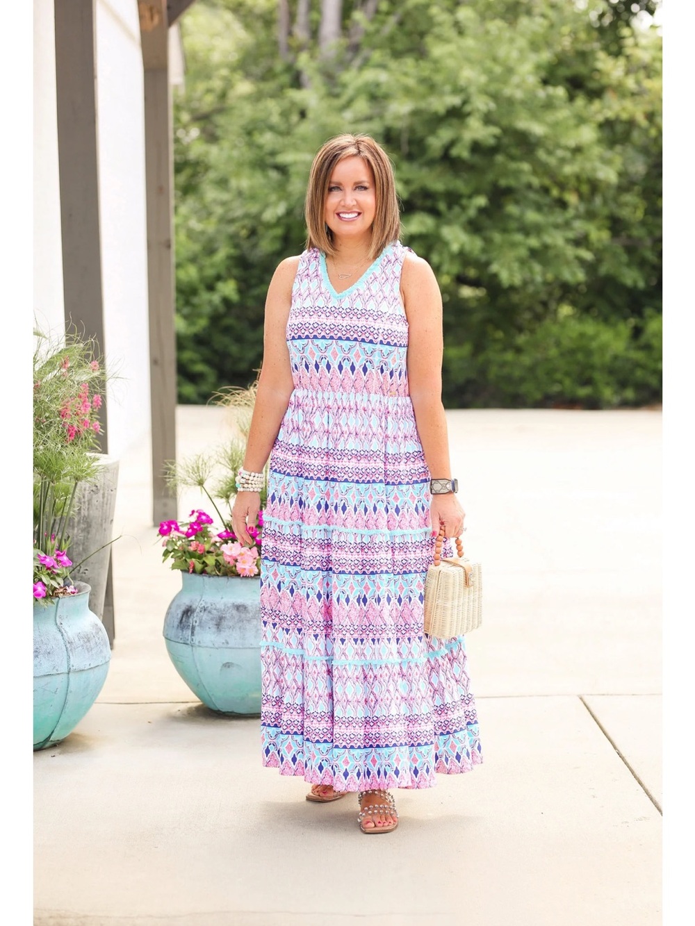 Cabana Life Sleeveless Orange & Blue Printed Maxi Dress